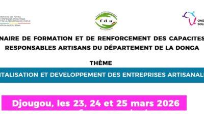 Troisième et ultime journée du séminaire de formation et de renforcement des capacités des responsables artisans du département de la Donga (communes de Bassila, Copargo, Ouaké et Djougou), tenue ce mercredi 25 mars au siège de la CMA de Djougou, autour de la digitalisation et du développement des entreprises artisanales.
